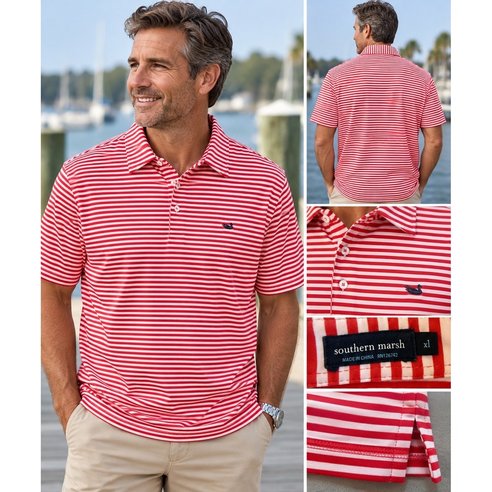 Southern Marsh Men's XL Polo Shirt Red White Stripe Performance Stretch Golf
